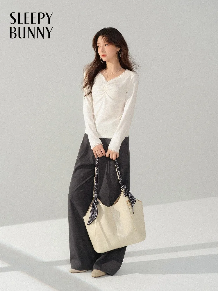 

Women Elegant Lace Trim V Neck T Shirt Spring Slim Long Sleeve Fashion Base Layer Top Casual Chic Stretch Tee Lady Daily Outfit