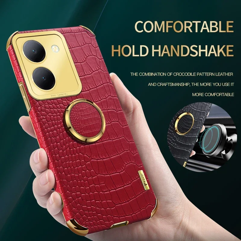

Чехол для телефона из искусственной кожи крокодила для Vivo Y35 Y200E Y78 Y100 Y29 Y28e Y22s Y27 Y36 4G 5G с магнитным держателем, силиконовые чехлы