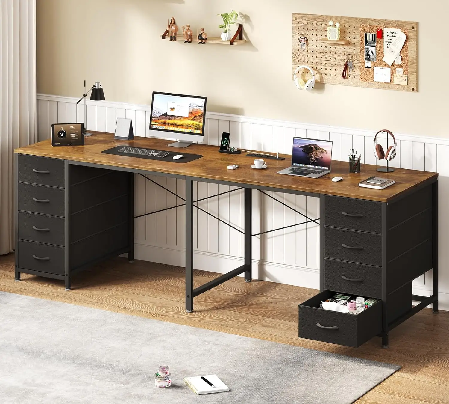 

2 Person Office Desk with 8 Drawers Power Outlets 78in Rustic Brown, Customized