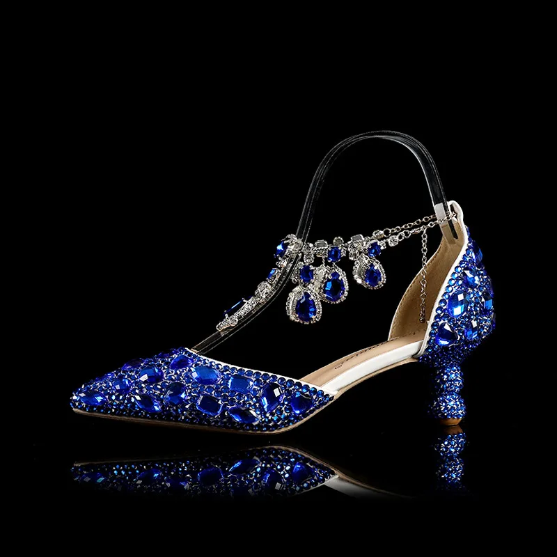 New 5cm Rhinestone shoes buckle round heel blue pointed Crystal Wedding sandals social dance Prom shoes Latin  shoes size 35-43