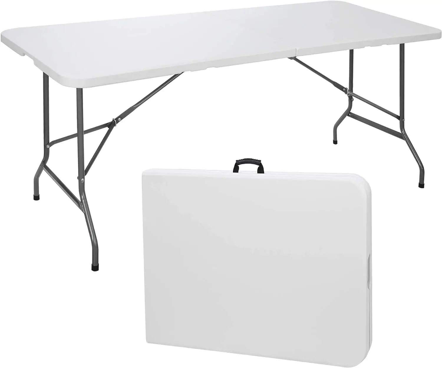 

6 ft Indoor Outdoor Heavy Duty Plastic Folding Table Portable Picnic Table Fold-in-Half Utility Table w/Handle and Steel Legs