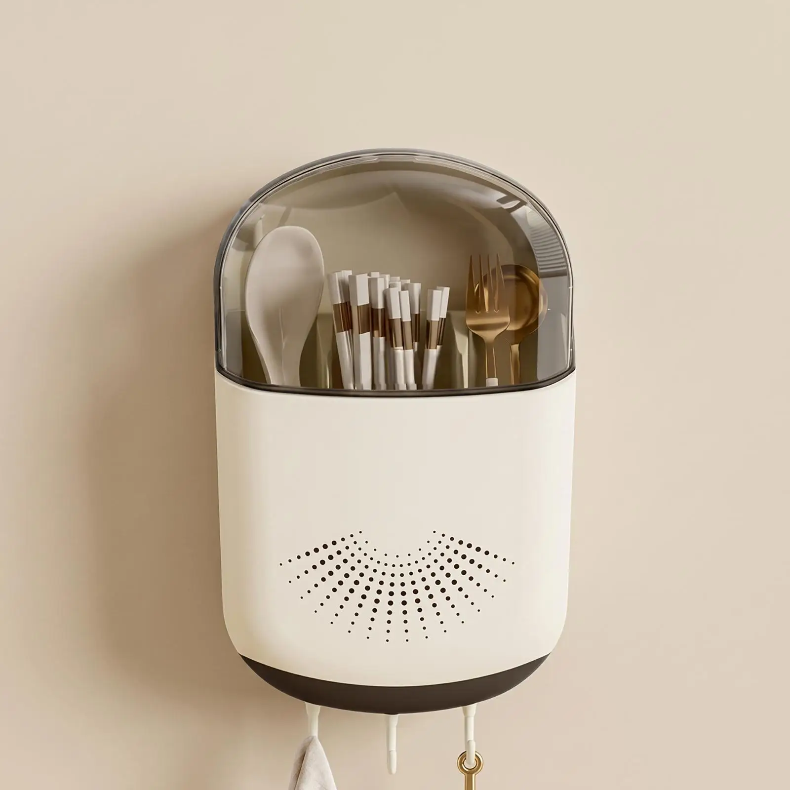 Kitchen Storage Holder with Hooks | Wall-Mounted Design, Space-Saving Compact Size, Utensil Organizer with Cover