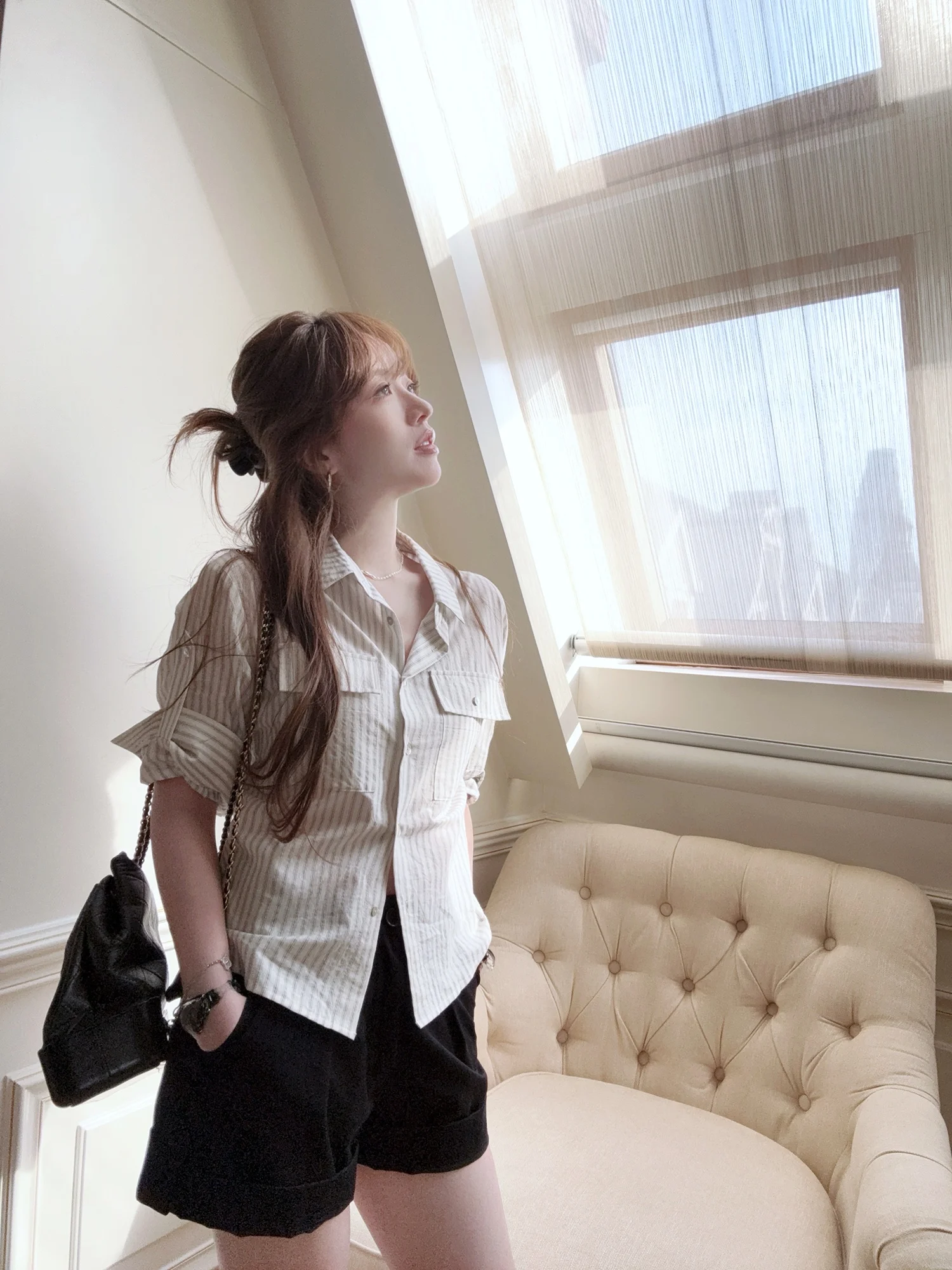 

Ox Cotton Women's irt Striped Silk ort Sve Breathable Comfortable Korean Sle Commute Loose Fit Button up