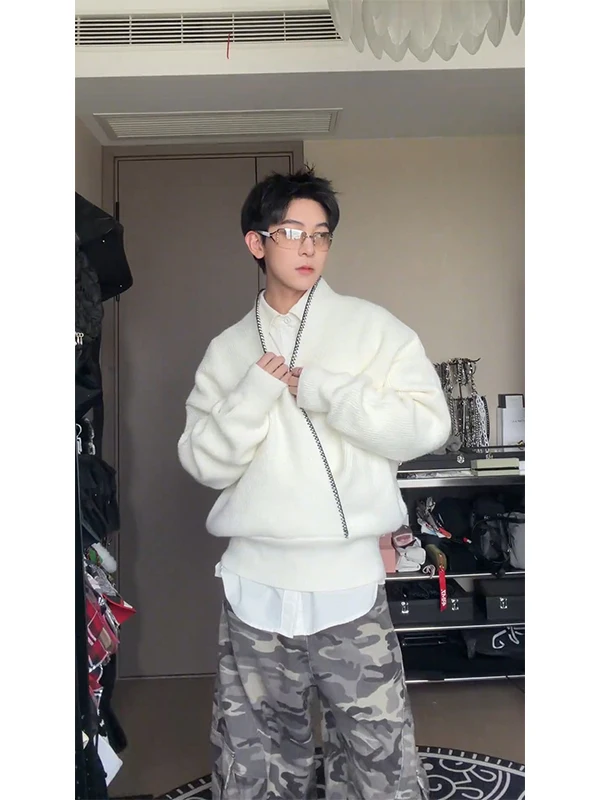 

Korean Sle Lazy V-Ne Knitwear Cardigan Pure Color Autumn Faion Casual Loose Fit Long Sve Men's Sweater Coat