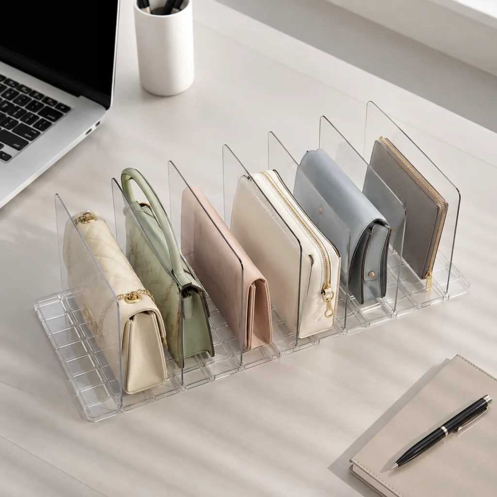 Clear Acrylic Purse Organizer for Closet, 2 Base 7 Pcs Handbag Divider, Adjustable Anti‑Tip Bag Storage Separator, Transparent Wardrobe Shelf Partition for Handbags Wallets