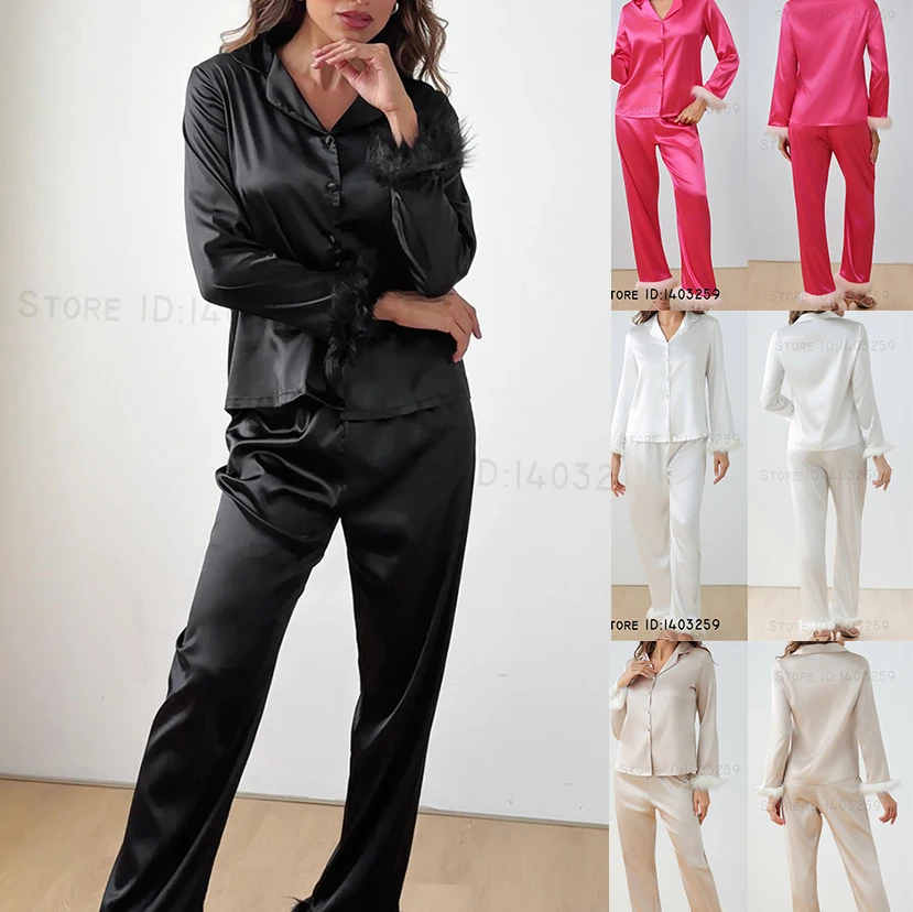 

Fashion Silk Satin Female 2PCS Pajamas Set Sleepwear Feather Long Sleeve Trouser Suits Home Clothes Spring Autumn New Nightwear