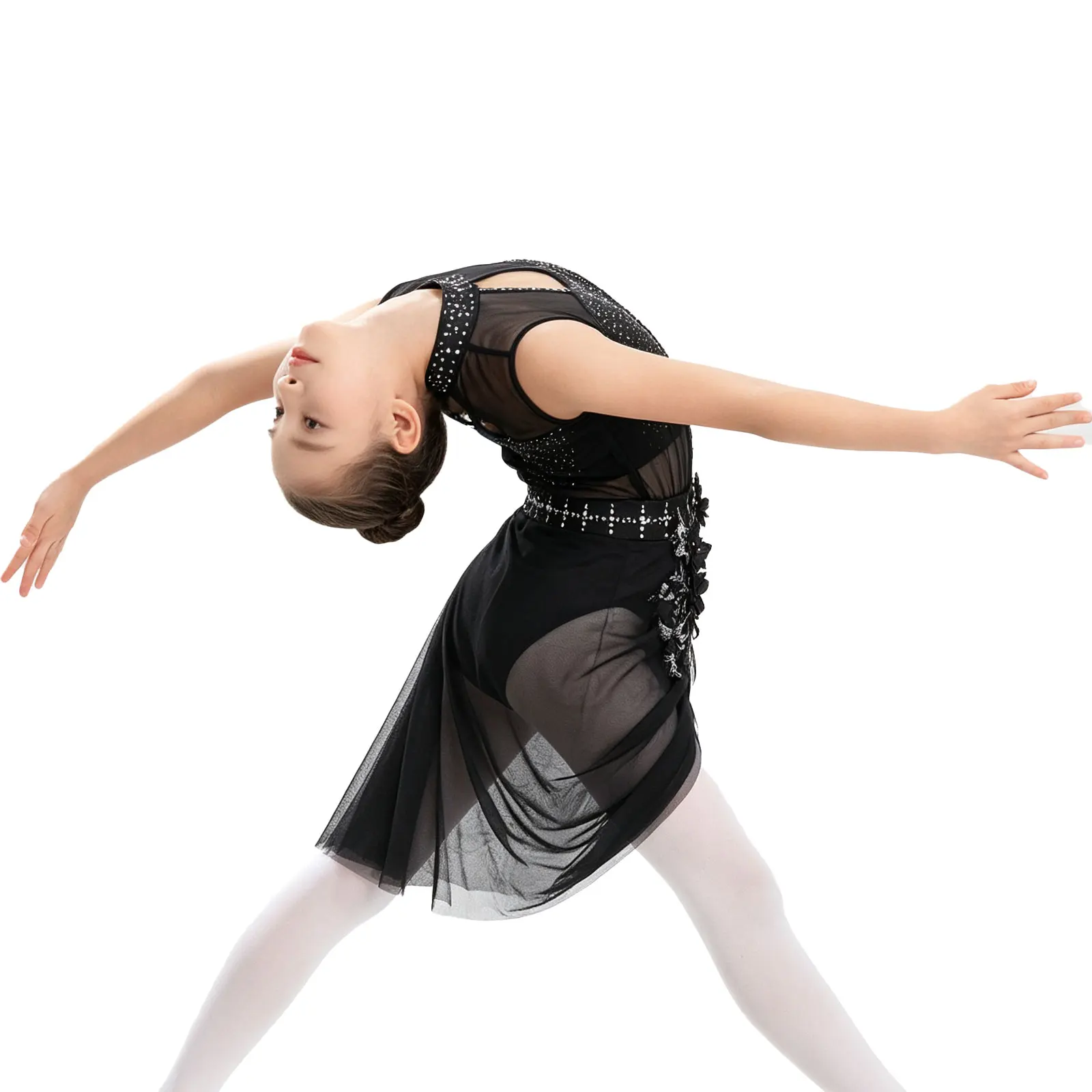 Kids Girls Figure Skating Costume Cutout Sheer Applique Shiny Rhinestones Rhythmic Gymnastics Leotard Dress Ballerina Dancewear