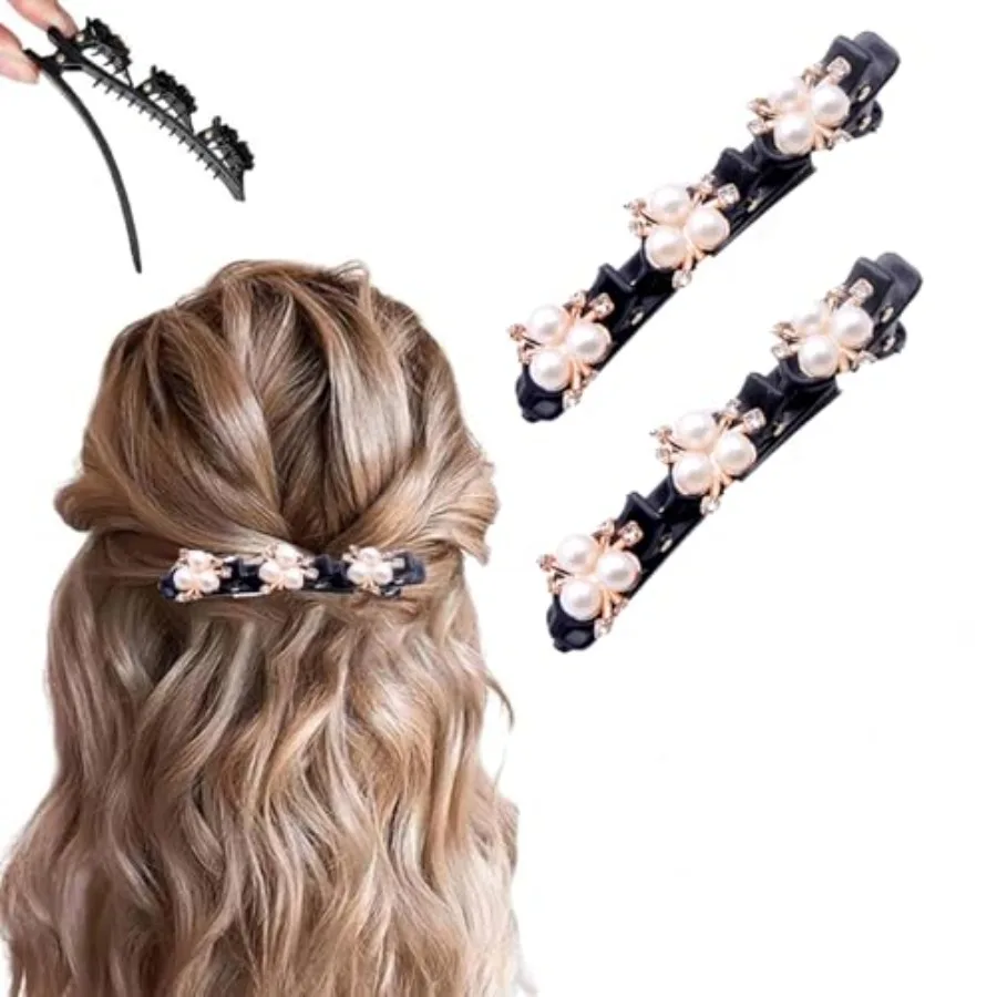 

2 Pcs Sparkling Crystal Stone Braided Hair Clips, 2025 New Satin Fabric Hair Bands Rhinestone Four-Leaf Clover Hair Clip for St