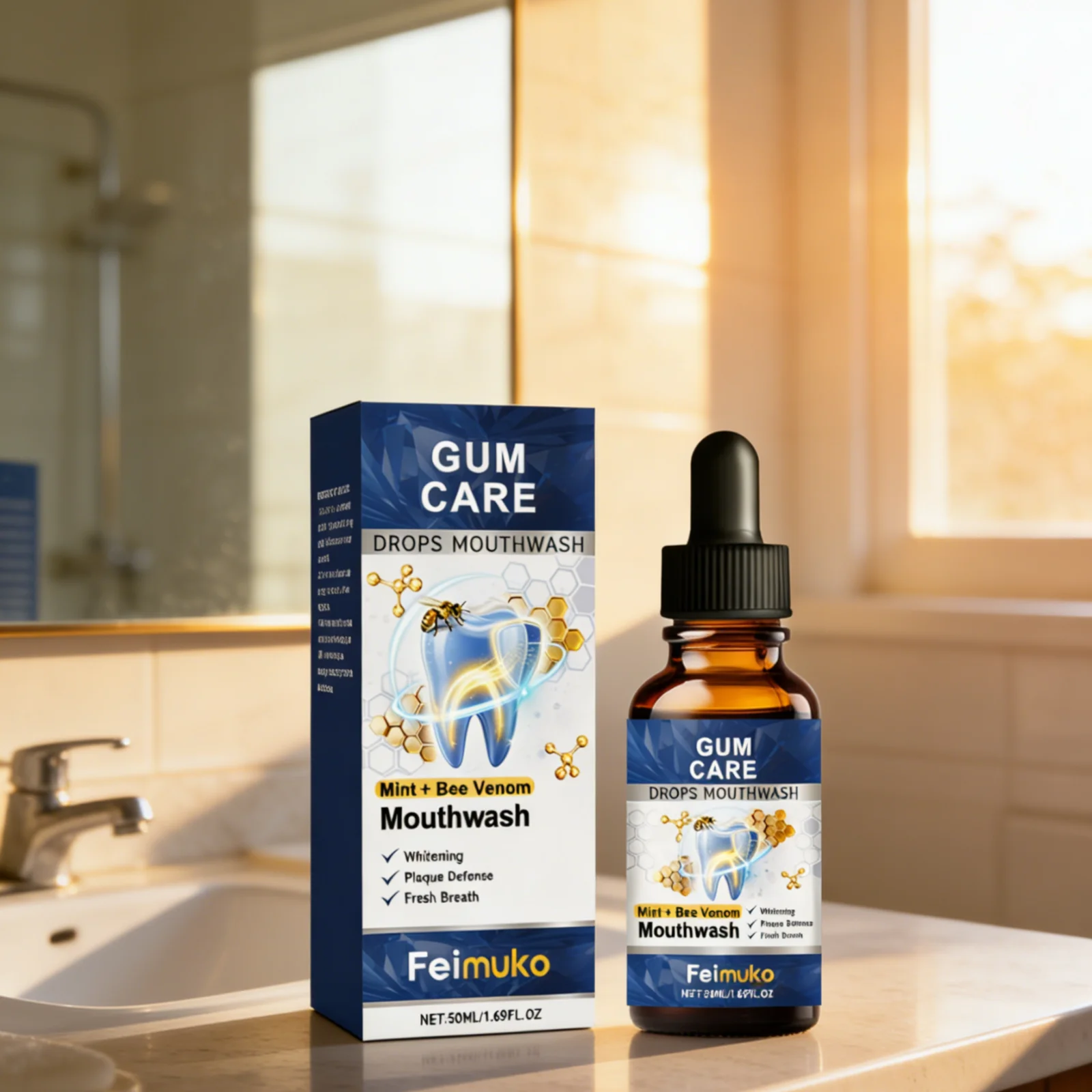Feimuko Gum Care Drops Mouthwash Teeth Whitening Stain Improvement Relieve Gum Bleeding Swelling Gentle Bee Venom Mouthwash 50ml