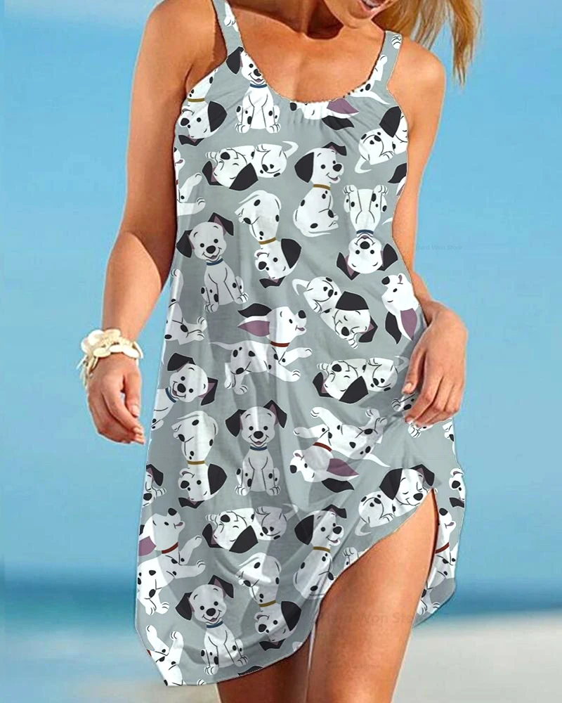 Disney-Robe imprimée à bretelles pour femmes, Animal Daltravaillait ens, Sexy At, Bord de mer, Plage, Décontracté, Dames, Mode, Été