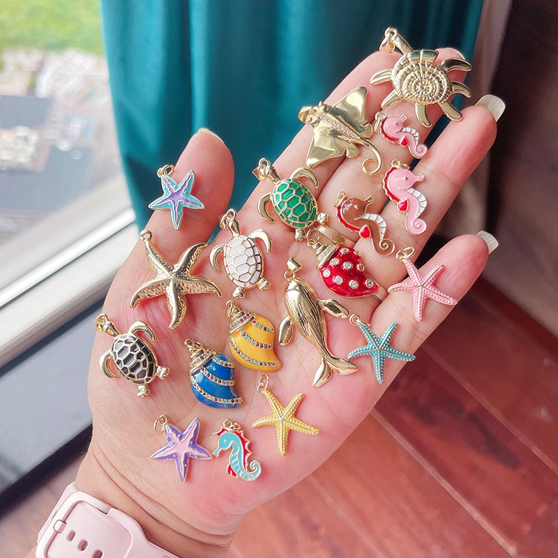 Conch Fish Whale Starfish  Turtle Crab Marine Sea Shell  Charm Pendant,Gold Plated Zircon Jewelry Finding Supplies S80