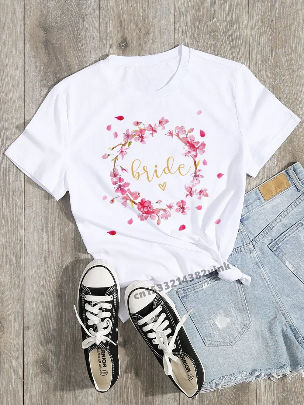 Wedding Party Team Bride Bachelorette Wreath Women Evjf Tee Shirt Casual ladies basic O-collar White Short Sleeved T-shirt Girl