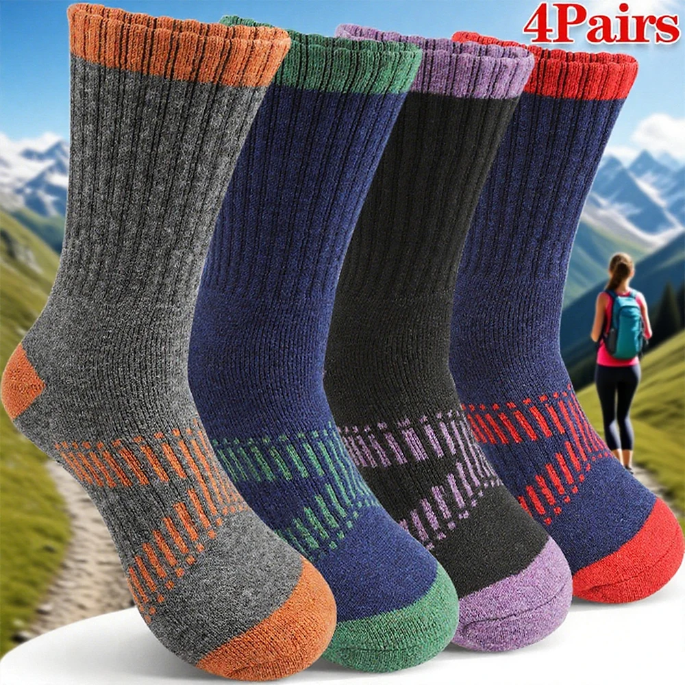

4 пары спортивных шерстяных женских носков, разноцветные полосатые впитывающие пот носки, износостойкие, дышащие, подходят для пеших прогулок на открытом воздухе