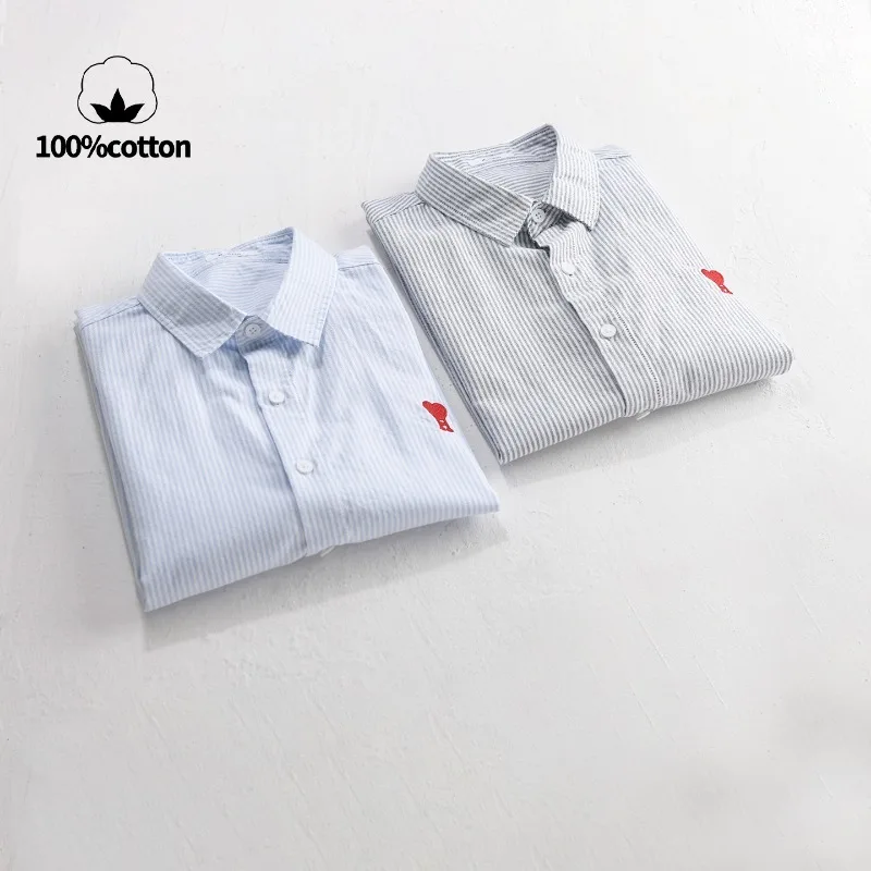 Men's 100% Cotton Oxford Stripe Shirt – Classic Turn-Down Collar Slim Straight Cut with Red Heart Embroidery Breathable  Durable