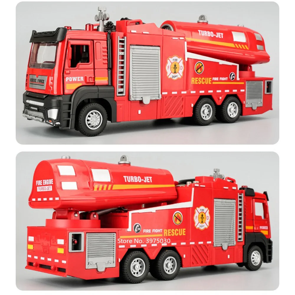 1/32 Spray Fire Engineering Truck Car Toy Model Alloy Diecast Doors Opened Sound Light Rubber Tires Vehicle Collection Kid Gift