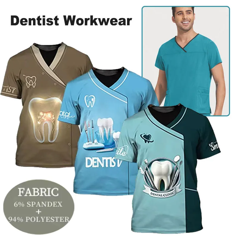 

Dental Workwear Creativity Novelty Tooth Print Design T Shirts Dentist Work Uniform Breathable Quick Drying for Men and Women