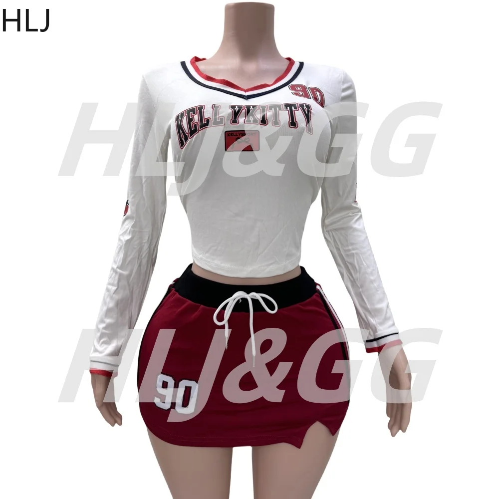 HLJ American Vintage Y2K Letter Print Two Piece Sets Women Long Sleeve Slim Crop Top And Mini Skirts Outfits Fashion Streetwear