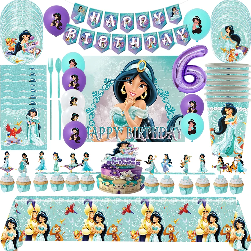 Jasmine Princess Aladdin Theme Birthday Party Decor Disposable Tableware Plate Balloon Banner Backdrop Cake Topper Baby Gifts