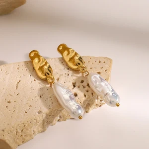 Youthway New Arrival 18K Ouro Stainless Steel Standard Standard Irregular Pearl Earrings for Women DwaterProof Water Water Jewelry 11 Main Sales Hammer Gold - №9