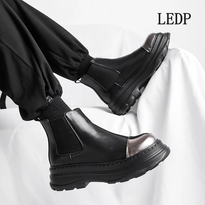 LEDP Brand Thick Sole Derby Shoes Men's High Sense Black Thick Sole Increase Metal Commuter Business Formal Big Head Shoes