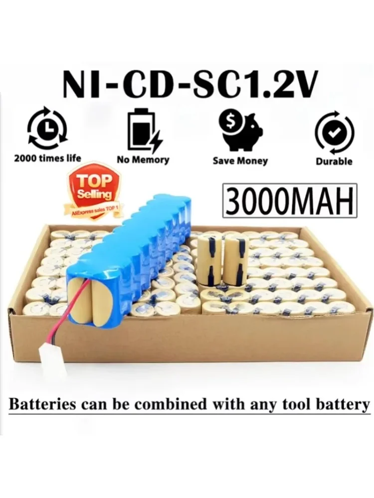 Wysokiej jakości akumulator Ni-Cd 1,2 V, 3000 mAh, przeznaczony do wkrętarek, kompatybilny z narzędziami elektrycznymi marek Makita, Bosch, Hitachi i DeWalt, seria Sub-C SC. — 2