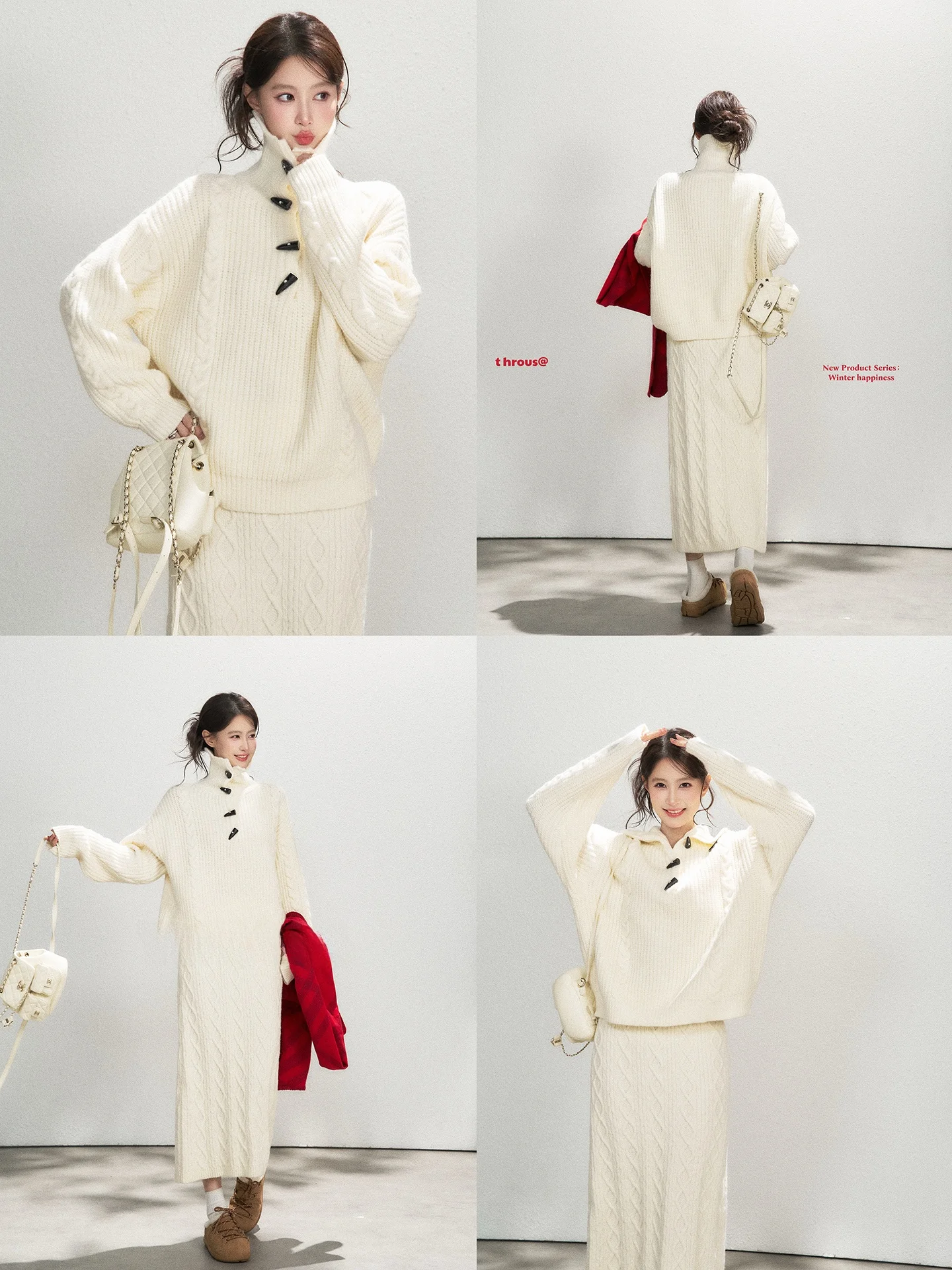 

Women's High Collar Knitted Sweater Winter Happin Series Long Straight f Skirt Set White Overhead Tassel Detail