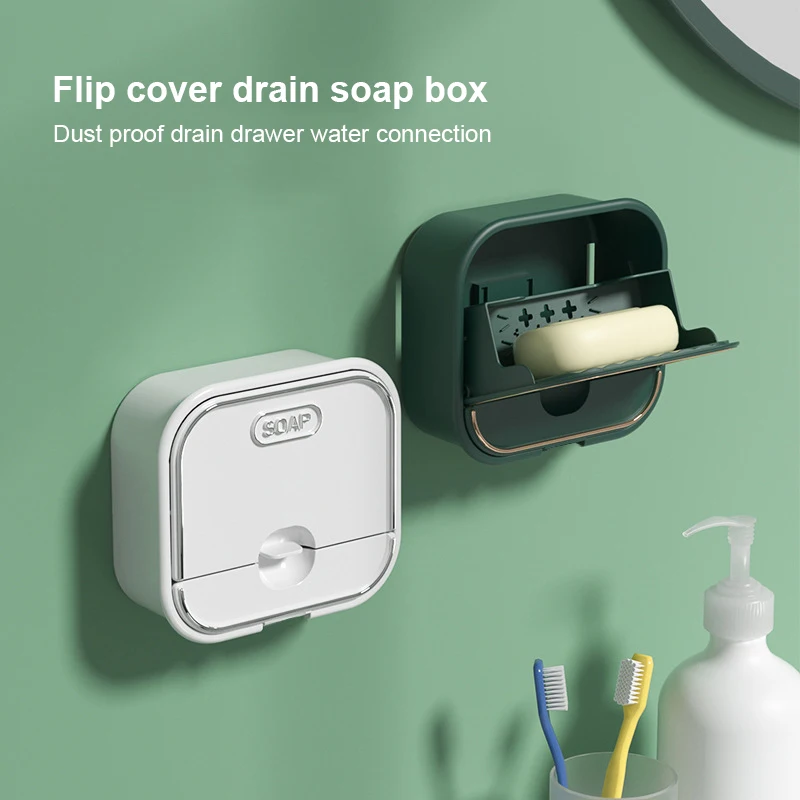 Bathroom Punch-free Drain Soap Dish Wall-mounted With Lid Home Soap Box Laundry Soap Rack Flip-top Soap Box Soap Storage Rack