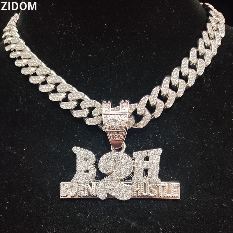 Men Women Hip Hop Born To Hustle Pendant Necklace with 13mm Crystal Cuban Chain HipHop B2H Necklaces Letter Charm Jewelry Gifts