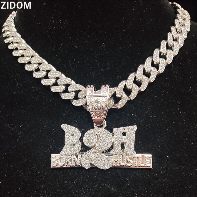 Men Women Hip Hop Born To Hustle Pendant Necklace Crystal Cuban Chain HipHop B2H Necklaces Letter Charm Jewelry Gifts AliExpress 36