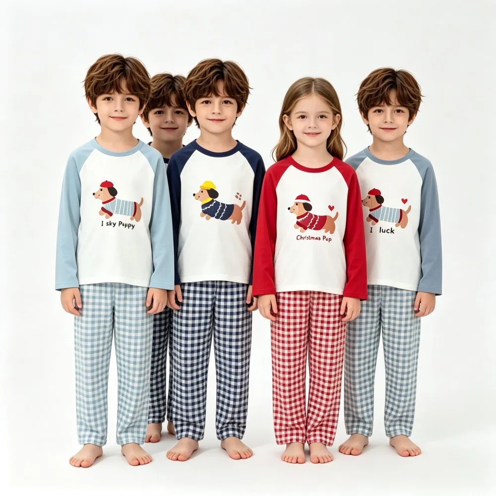 Kids Modal Home Sleepwear Cartoon Dog Printed Long‑Sleeve Raglan Top Plaid Check Pants Soft Breathable Boys Girls Pajamas Set
