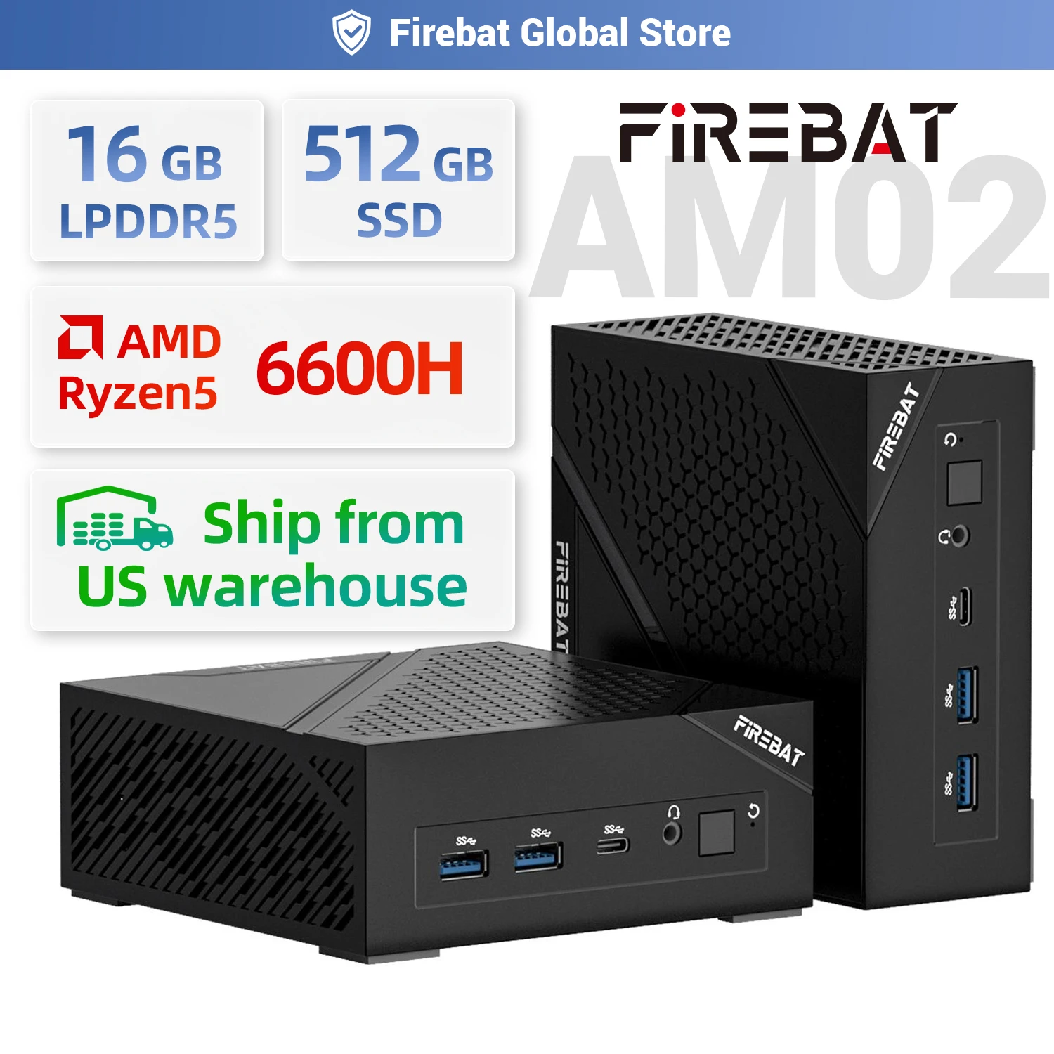 

Мини-ПК FIREBAT AM02, процессор AMD Ryzen 5 6600H, 6C/12T, до 4,5 ГГц, 16 ГБ оперативной памяти LPDDR5, 512 ГБ SSD, Windows 11, WIFI6, BT5.2, игровой компьютер