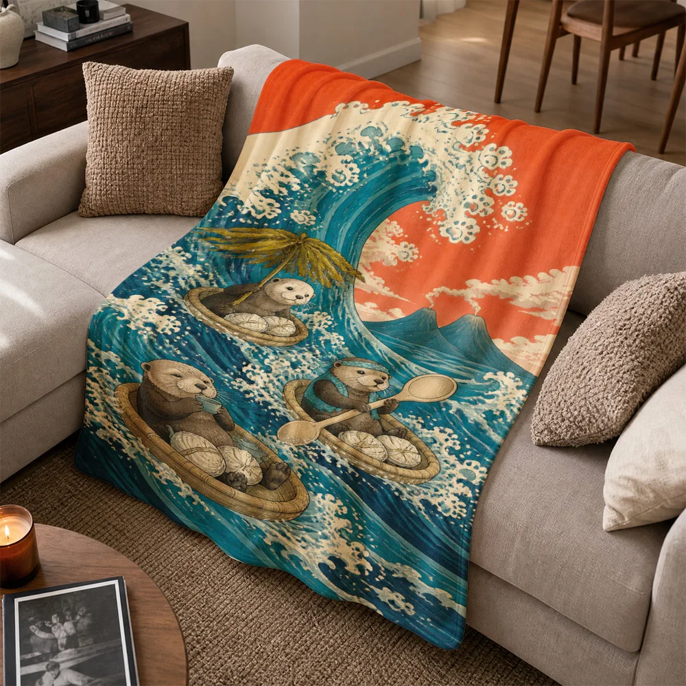 Cute Panda Great Wave Japanese Style Throw Blanket for Sofa Couch Home Decor Cozy Winter Living Room Gift Art