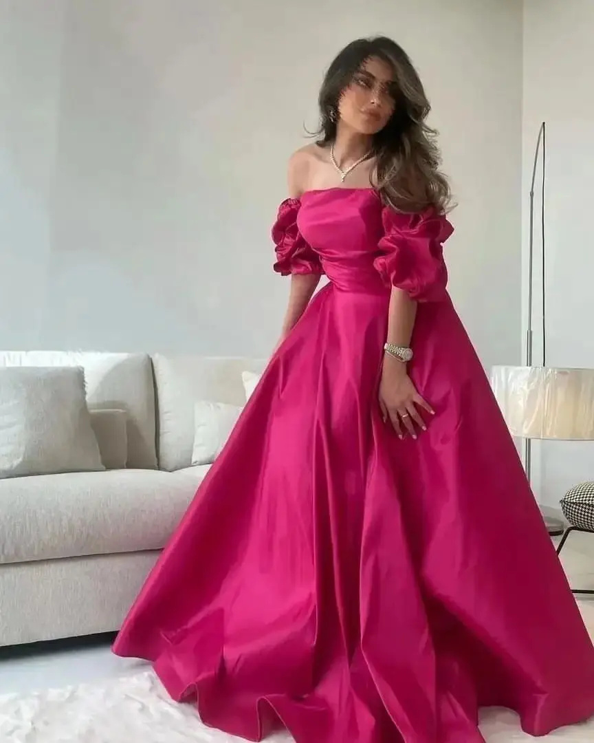 

FLORINE TULIRAIN Strapless Neckline A-line PInk Puff Sleeve Court Train Wedding Evening Dress Cocktail Prom Gown For Sexy Women