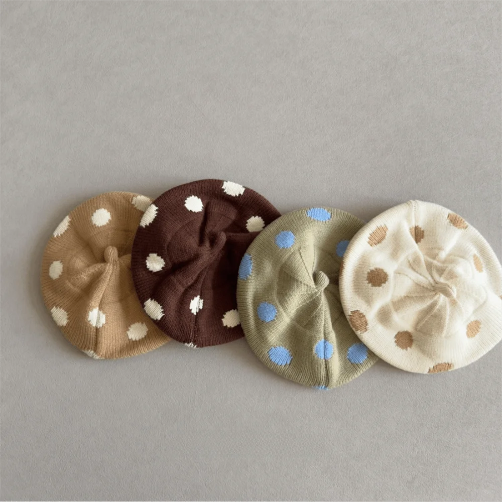 Wind Resistant Polka Dot Beret Stretchy Fabric Warm Knit Knitted Beret Round Shape Casual Painter Beret Kid Daily Wear