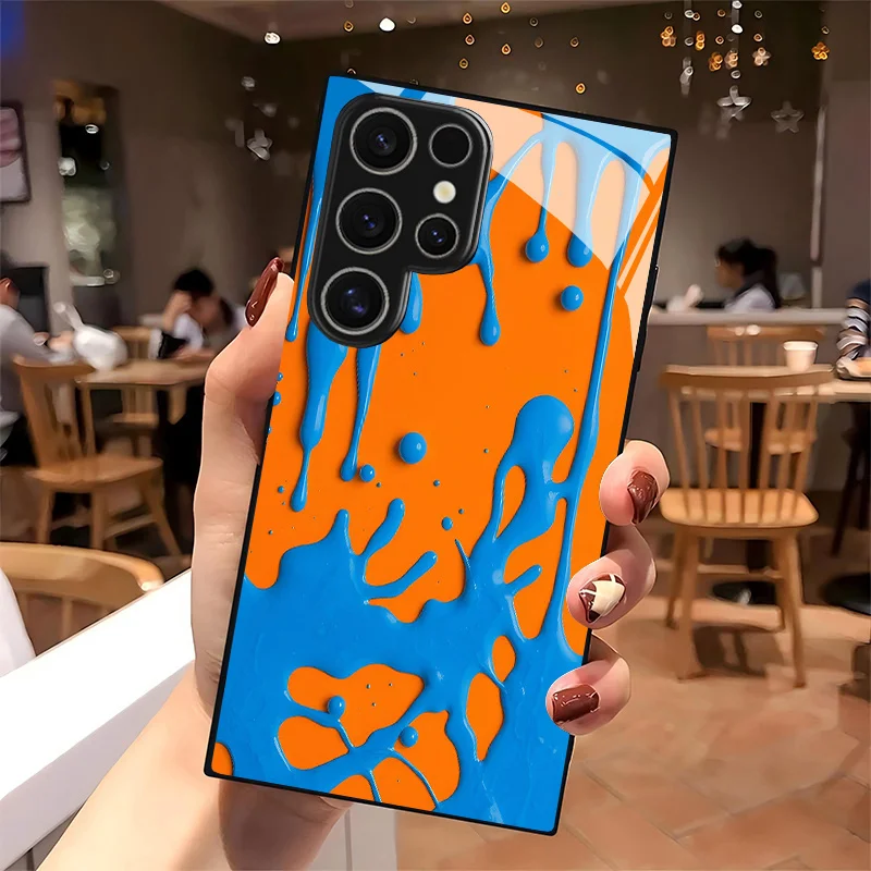 Blue paint waterfall texture design glass phone case suitable for Samsung Galaxy S26 S25 S24 S22 S21 S20 FE/Ultra/Plus anti fall