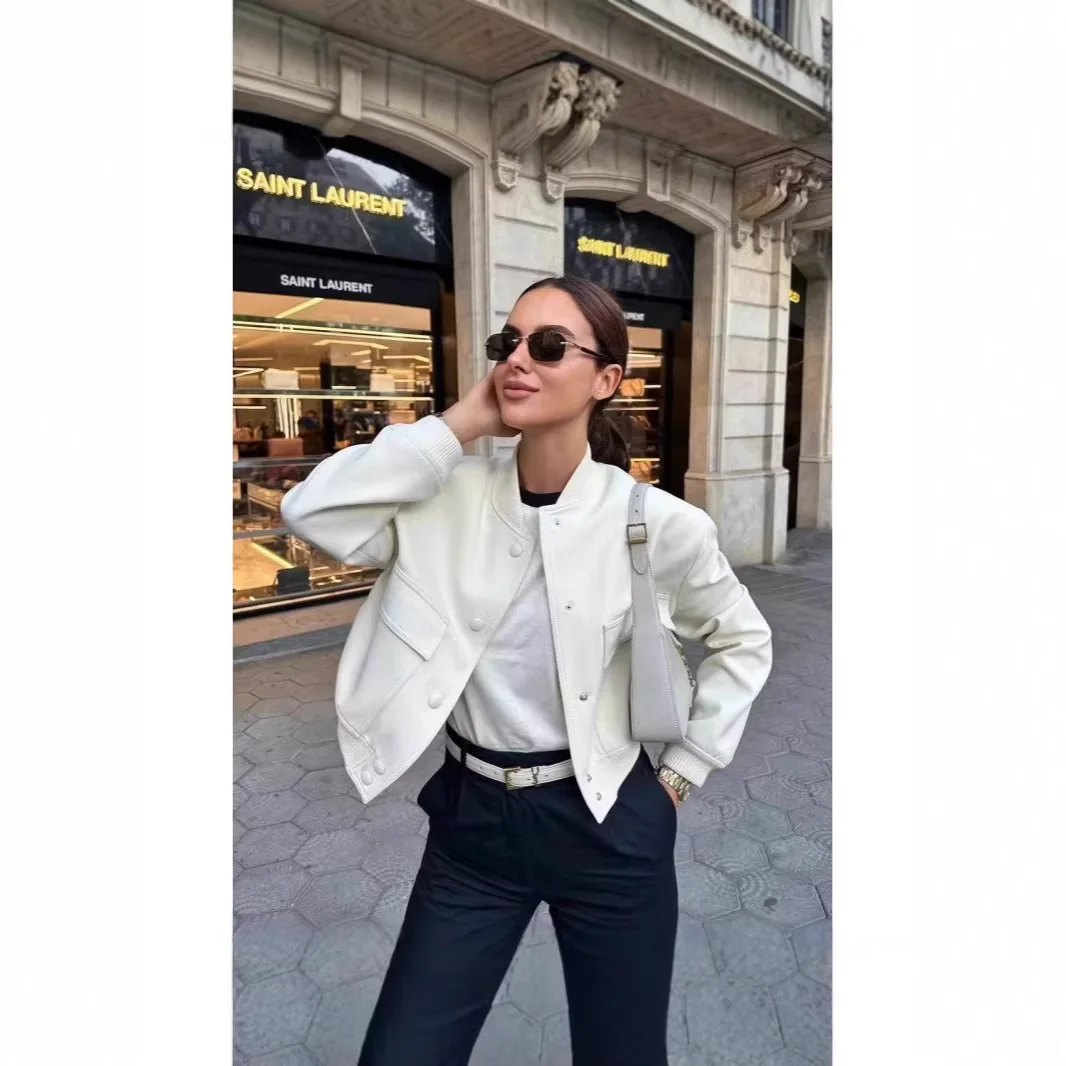 Women Elegant White Coat Long Sleeve Button Bomber Jacket Fashion Woman Casual Solid Office Lady Y2K Outerwear