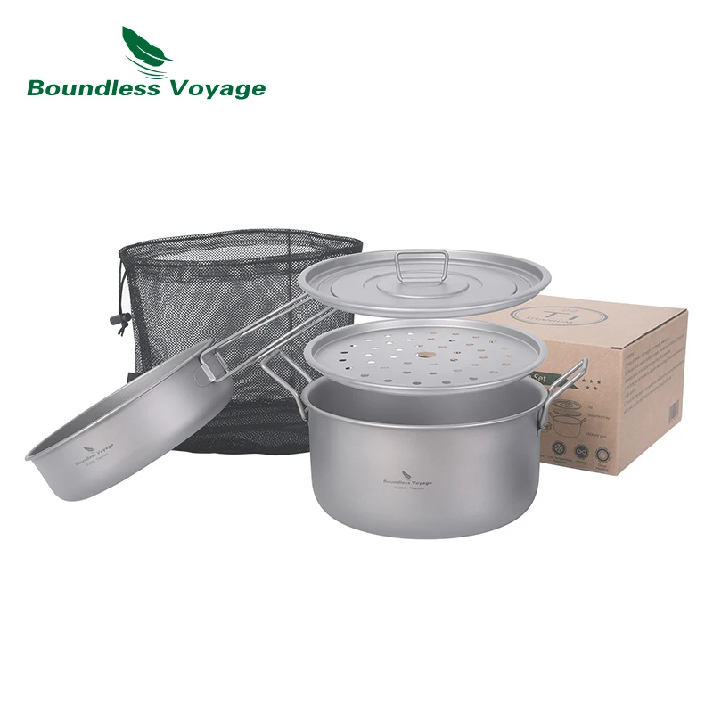 

Boundless Voyage Camping Titanium Steamer Soup Pot Frying Pan Set with Lid Outdoor Tea Tray Wok Saucepan Mess Kit