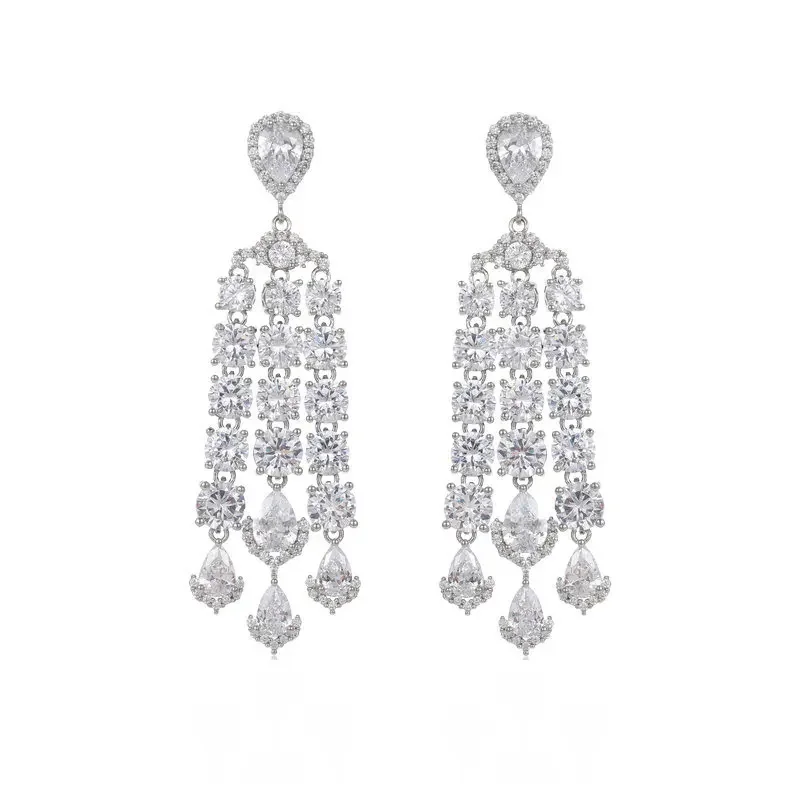 

FXLRY High Quality Trending Cubic Zirconia Dripping Fringe Long Earrings Dinner Dress Bridal Dress Jewelry