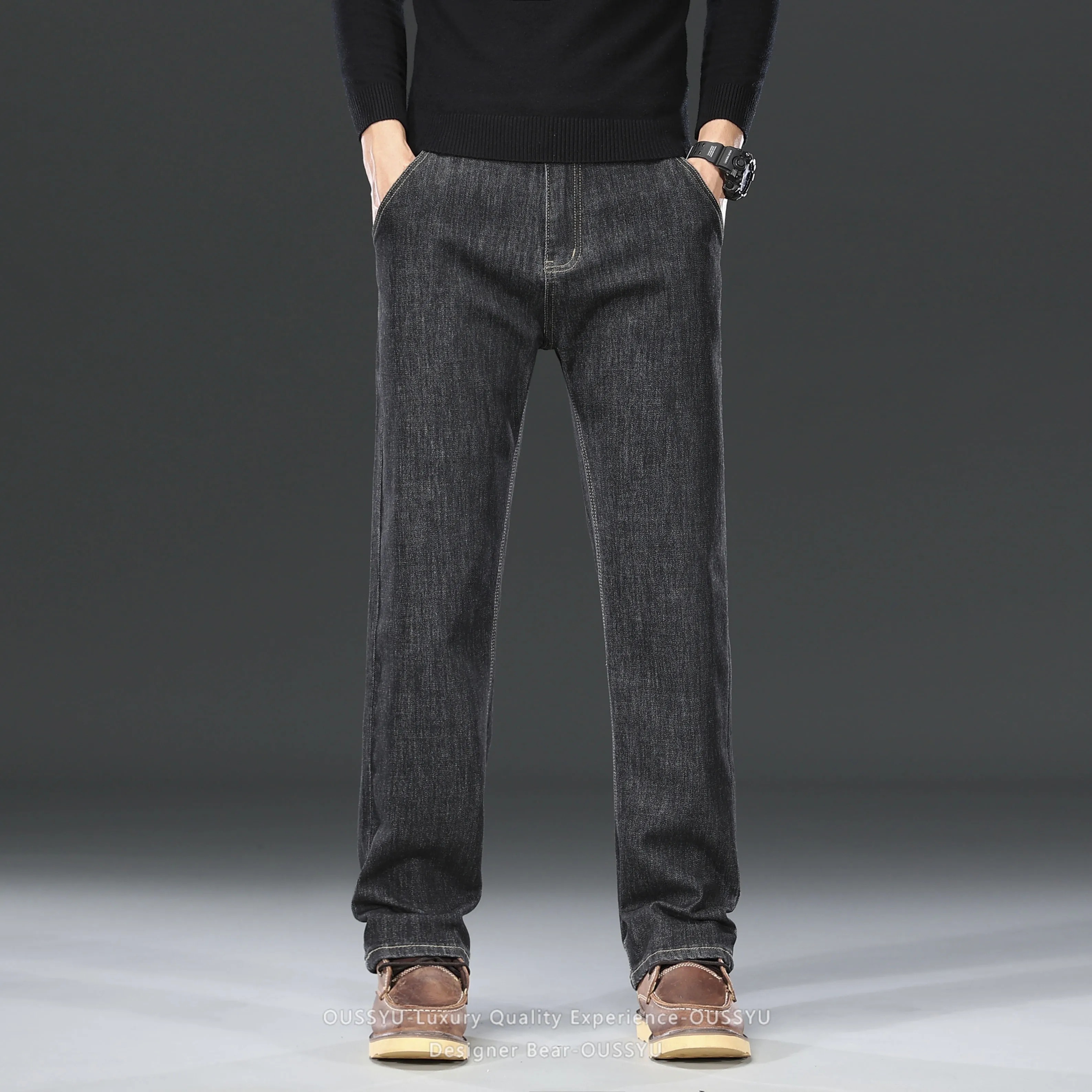 High Quality Autumn Winter Cotton Jeans Men  Baggy Straight Business Casual Denim Pants Solid Color Trousers Male Plus Size 40