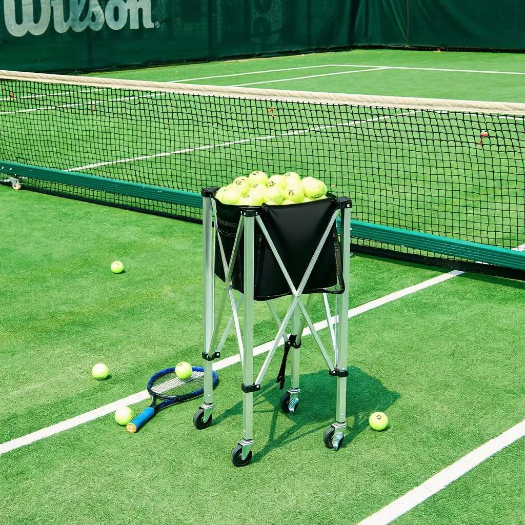 

Складная корзина для теннисных мячей, вмещает 150 мячей, легкая тележка для теннисных мячей из алюминиевого сплава с колесами, съемная.