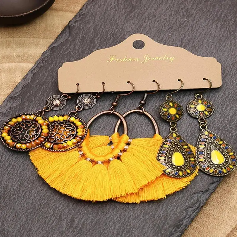 6pcs Retro Bohemian Style Women\'s Flower Tassel Geometric Women\'s Earring Sets, Suitable For Vacation Accessories