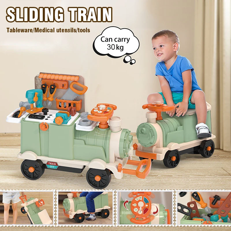 Stoviglie scorrevoli Giro sull'auto Novità 2 in 1 Treno giocattolo Giochi di finzione Cucina prescolare Giocattoli per ragazzi Ragazze Bambini Regali di Natale