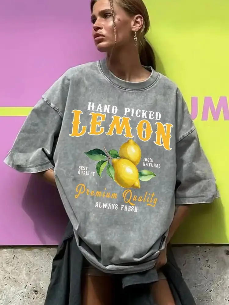 Summer Lemon Washed T-Shirts Womens Cotton Oversized O-Neck T Shirts Fresh Fruit Prints Tops Casual Short Sleeve Woman Clothes