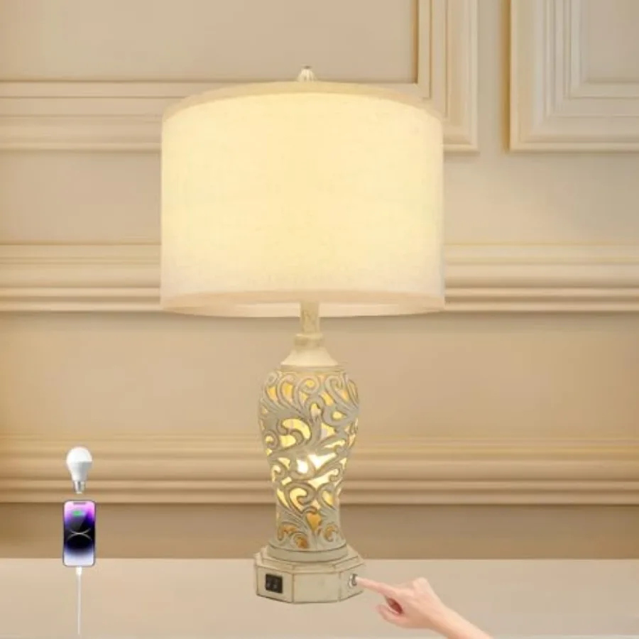 

26.3'' Dimmable Table Lamp, 3 Color Temperatures, Stepless Dimming, Hollow Out Resin Touch Lamp with USB A+C Ports, Night Stand