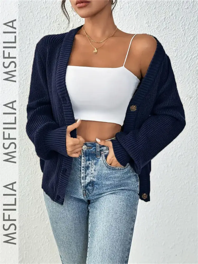 Msfilia Women's Autumn/Winter Solid Color V-Neck Cardigan, Casual Versatile Knit Jacket