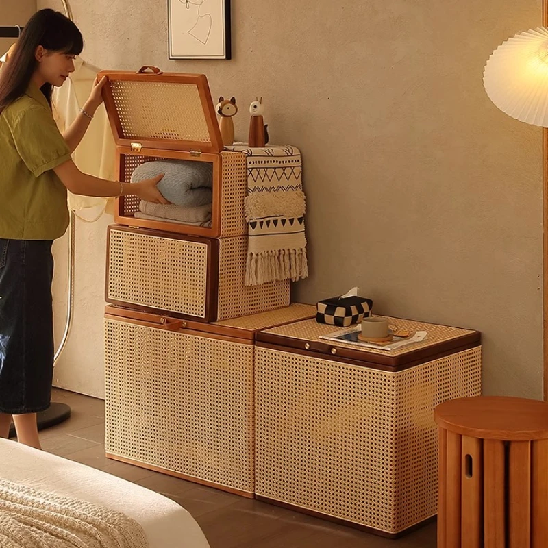 Middle Ancient Rattan Storage Baskets with Lid Wooden Laundry Hamper Multifunctional Sofa End Tables Bedroom Closet Organizer