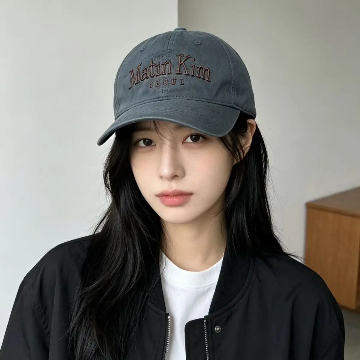 MATIN KIM Soft‑Crown Washed Baseball Cap, Large Logo Letter Embroidered Sun Visor Unisex Couple Trendy Dad Hat