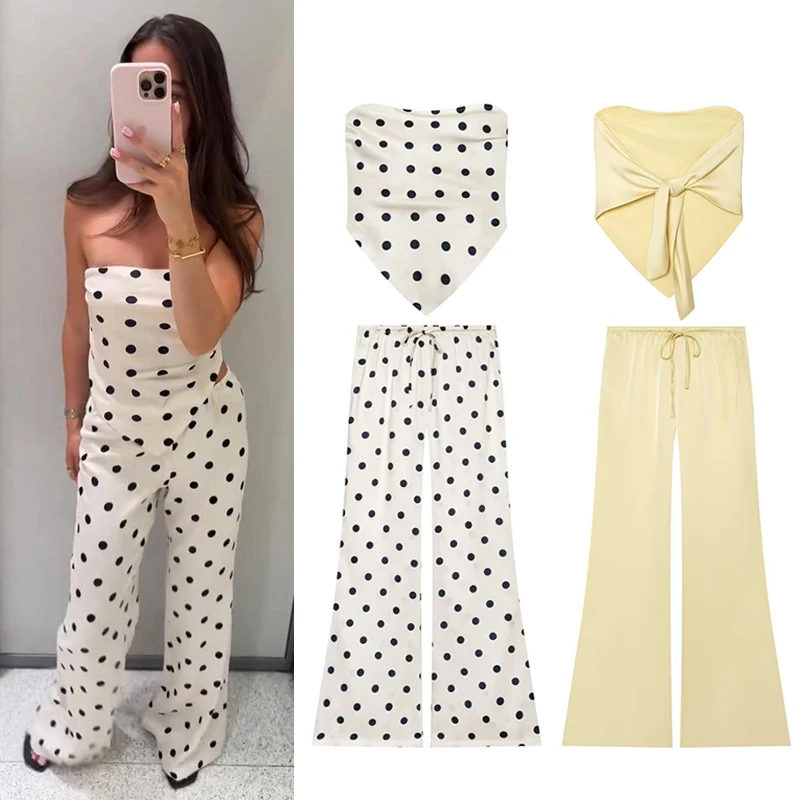 Women's Polka Dot Set 2026 New Fashion Satin Textured Set for Women Strapless Top and Pants Chic Vacation Style Women Outfit