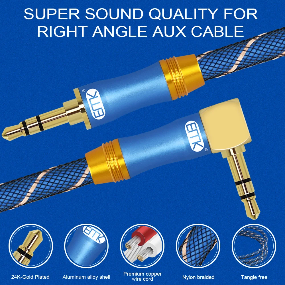 EMK AUX 3.5mm Jack Audio Cable Jack 3.5 Male to AUX Cable Audio 90 Degree Right Angle AUX Cable for Car Headphone Soundbar TV