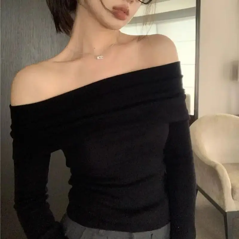 Slash Neck Pullovers Women Spring Spicy Girls Short Slim Korean Style All-match Sexy Elegant Off Shoulder Trendy Temperament